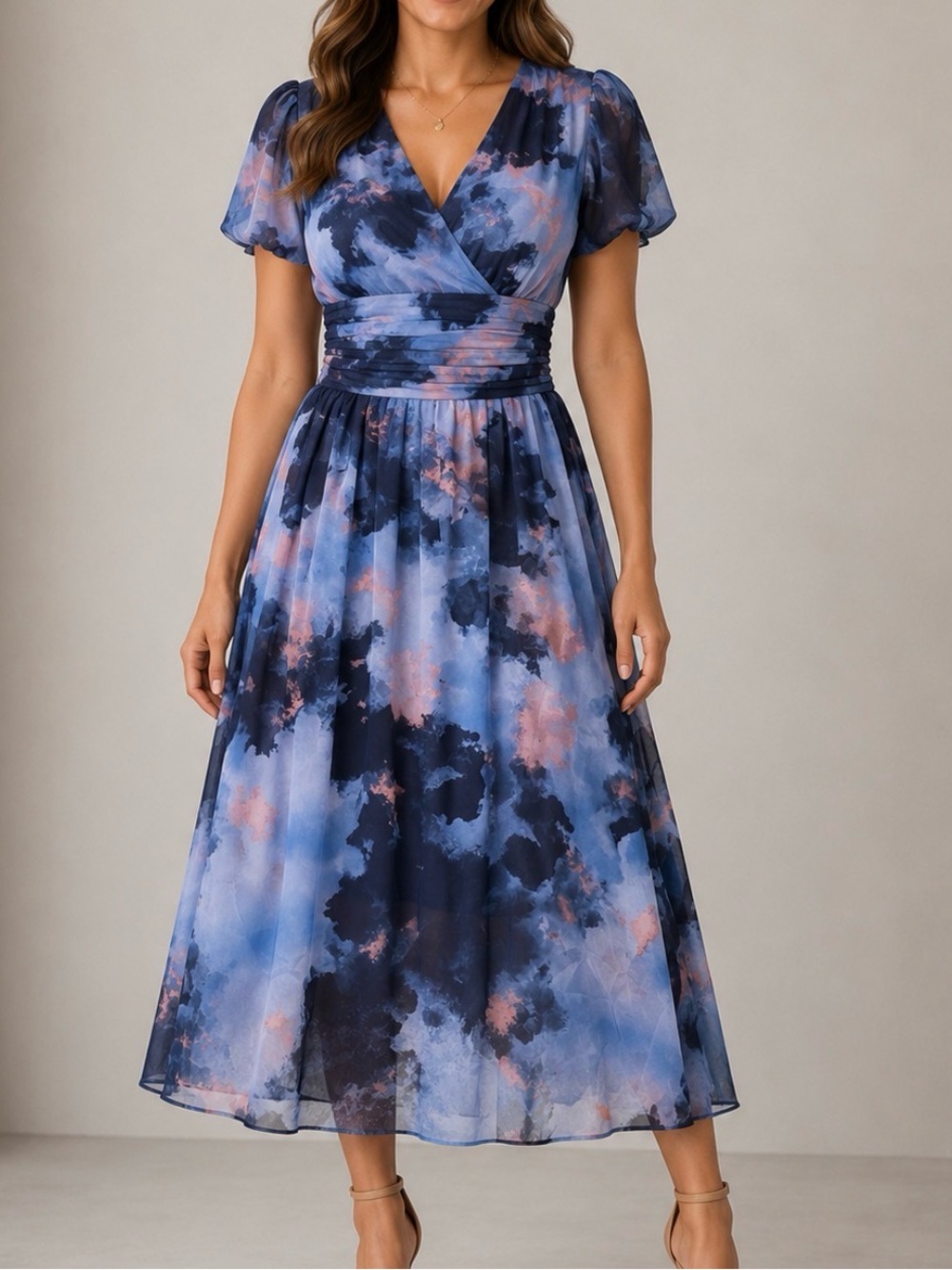 Blue & Navy Watercolor Midi Dress with Soft Pink Accents faux wrap neck SZ SM